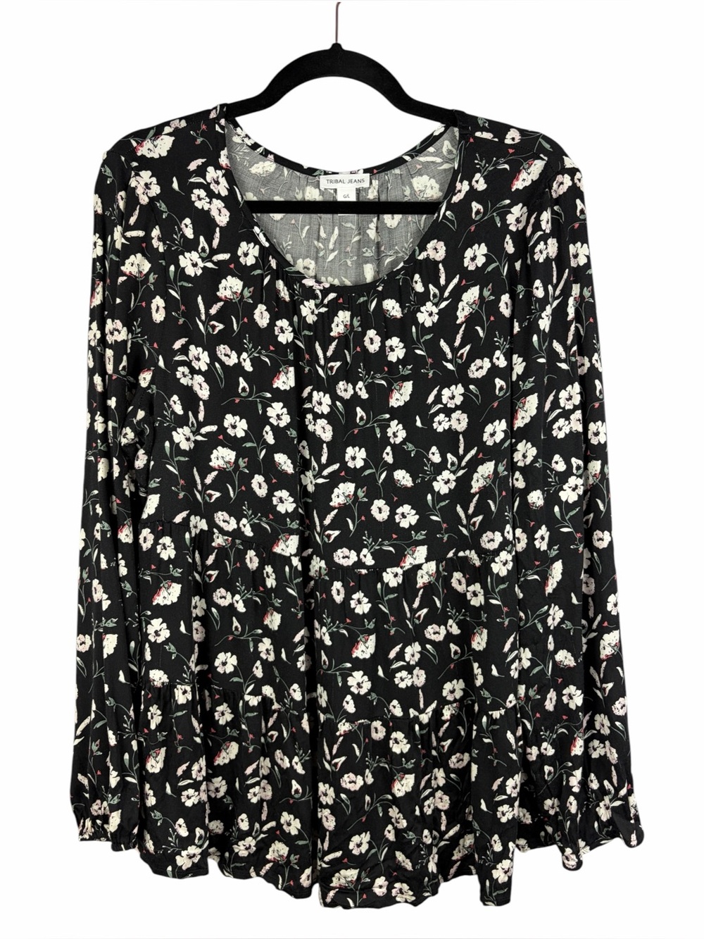 Tribal Jeans Black Floral Tiered Peplum Blouse Large